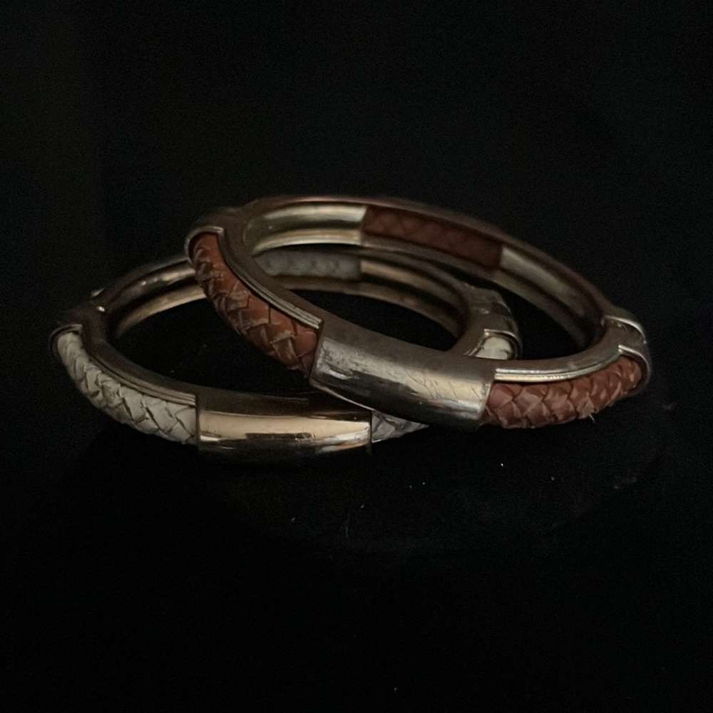 Vintage Gold tone hinged Bangle Bracelets with cream and brown leather.